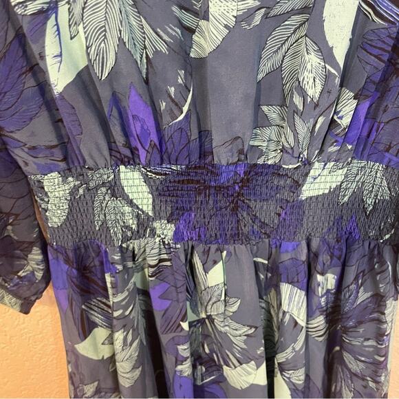 Rebecca Taylor Smocked Tahitian Flower 100% Silk Chiffon Dress Blue Floral Sz 4 - Picture 8 of 11